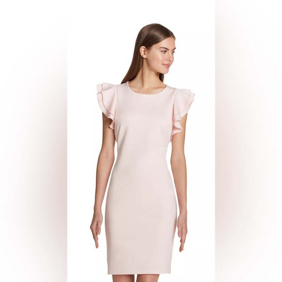 Tommy Hilfiger Blush Pink Scuba Sheath Dress with Flutter Sleeves - Picture 2 of 12